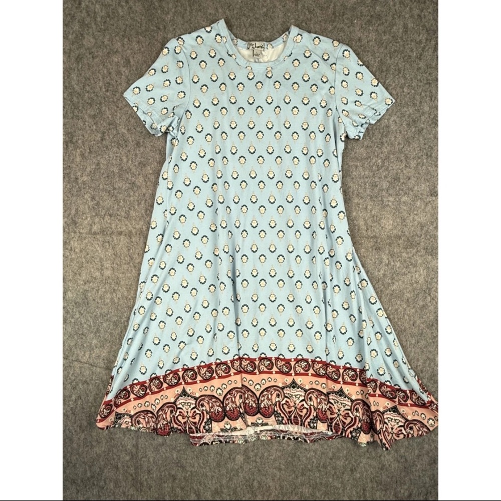 J For Justify Short Dress Women's Large Blue Floral Print Short Sleeve Crew Neck